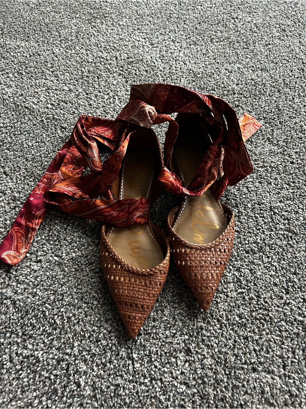 Sam Edelman Brown Woven Pointed-Toe Wrap Flats